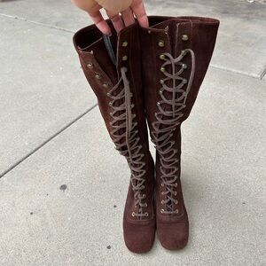 Women's Brown Lace-Up Suede Knee-High Boots